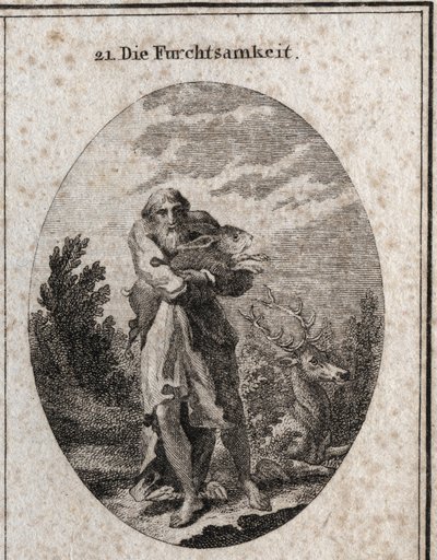 Alegoria do medo sob o disfarce de um homem velho com asas de pés propícias à fuga. Seus atributos são a lebre e o veado. Gravura em "Iconologie oder Ideen aus dem Gebiete der Leidenschaften und Allegorien bildestellt dargestellt fur Zeichner, Mahler, Dich de Austrian School
