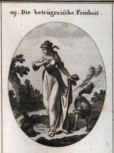 Alegoria de fineza que tende a enganar. Ela é representada com uma mão no peito e outra atrás dela segurando um símbolo de engano. Gravura em "Iconologie oder Ideen aus dem Gebiete der Leidenschaften und Allegorien bildich dargestellt de Austrian School