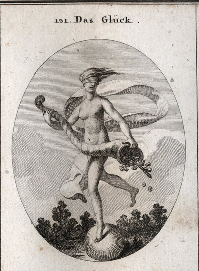 Alegoria da fortuna representada com uma venda para mostrar que ela é cega aos seus dons. Ela segura um chifre de abundância de cetros, coroas, jóias e moedas. É colocado sobre uma bola que gira rapidamente. Gravura em "Iconologie oder Ideen aus dem Gebiet de Austrian School