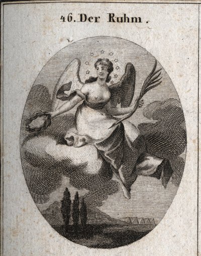 Alegoria da glória sobre uma nuvem. Ela segura uma palma e apresenta grinaldas de louros das quais ela recompensa as suas favoritas. As suas asas marcam a sua elevação. Gravura em "Iconologie oder Ideen aus dem Gebiete der Leidenschaften und Allegorien bil de Austrian School
