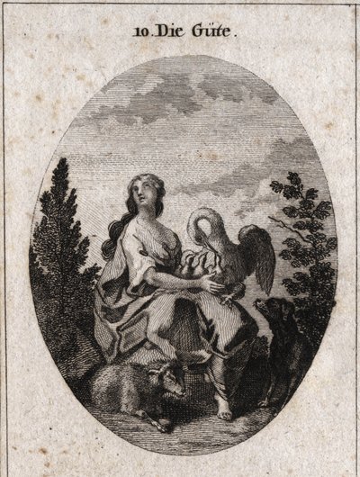 Alegoria da bondade representada por uma beleza nobre e abundante olhando para o céu com amor. Pelicano simboliza a caridade, a fidelidade do cão e o cordeiro, a doçura. Gravura em "Iconologie oder Ideen aus dem Gebiete der Leidenschaften und Allegorien bi de Austrian School