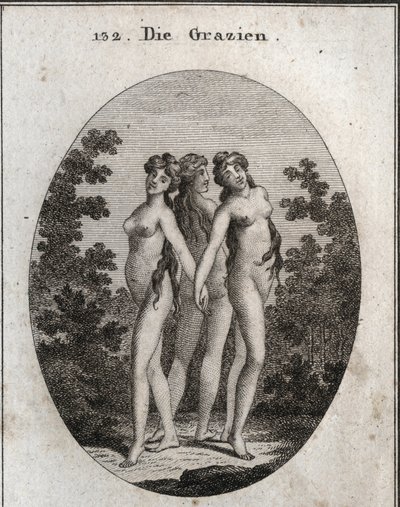 Alegoria de graças. As três graças: Euphrosine significando alívio e contentamento, Aglaya simbolizando a imponente beleza e o deleite de Thalia. Gravura em "Iconologie oder Ideen aus dem Gebiete der Leidenschaften und Allegorien bildestellt dargestellt fu de Austrian School
