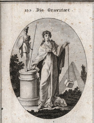 Alegoria da gravidade. A corrente de ouro a que está preso um papel simboliza a confiança. A coluna e a estátua significam a conservação de ações gloriosas e a pedra denota a ponderação. Gravura em "Iconologie oder Ideen aus dem Gebiete der Leidenschaften" de Austrian School