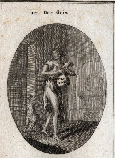 Alegoria da ganância representada em trapos com uma corrente de ouro que lhe serve o cinto, que enfatiza que a posse da propriedade a torna escrava ao ponto de recusar as necessidades. Na bolsa de valores está o nome de Plutão, deus da riqueza na mitologia de Austrian School