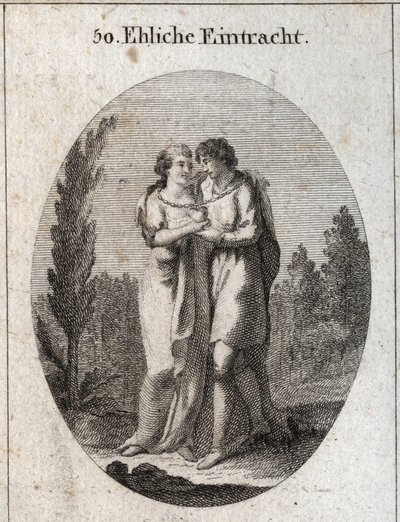 Alegoria de harmonia no casamento. Um casal beija-se, uma corrente de ouro pende à volta do pescoço e um coração que apoiam cada um com uma mão. Gravura em "Iconologie oder Ideen aus dem Gebiete der Leidenschaften und Allegorien bildestellt dargestellt fur de Austrian School