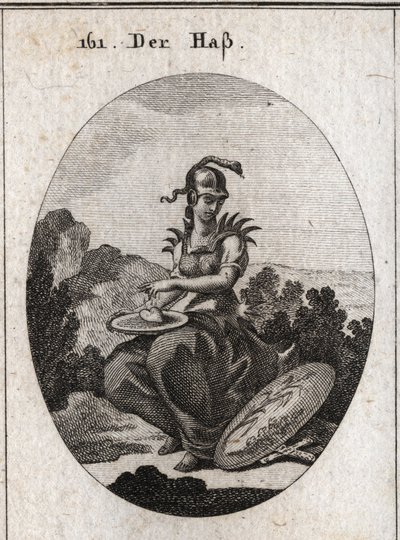 Alegoria de ódio. O seu cadáver é encimado por pontas de ferro, o capacete é rodeado por uma águia e ela segura uma bacia sobre a qual tem um coração que ela salpica com o campo. Seu atributo é um escudo no qual estão representadas uma planta de cana e uma de Austrian School