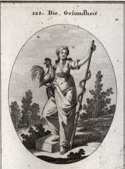 Alegoria de saúde representada por uma mulher forte segurando um galo, animal consagrado a Aesculapus, Deus da medicina. Segura um pau em volta do qual está um animal cobra (decíduo) menos propenso a doenças. Gravura em "Iconologie oder Ideen aus dem Gebie de Austrian School