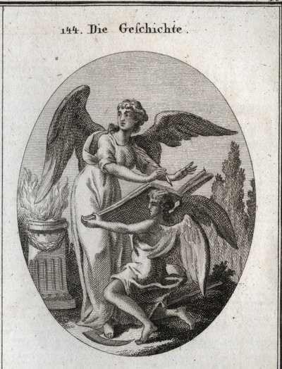 Alegoria da história. Suas ações de ouvir e escrever em um grande livro apoiado pelo tempo significa a ação de ser informado para retranscrever a memória de coisas passadas. Gravação em "Iconologie oder Ideen aus dem Gebiete der Leidenschaften und Allegori de Austrian School