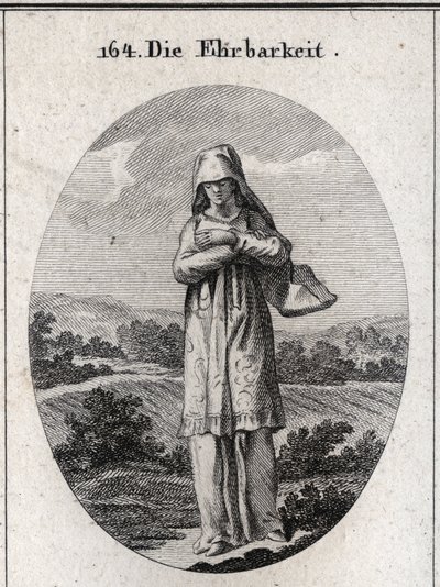 Alegoria de honestidade. Seus olhos estão cobertos por um véu que esconde metade do seu rosto porque os olhos são o espelho da alma e o primeiro sentido pelo qual ela se corrompe. Gravura em "Iconologie oder Ideen aus dem Gebiete der Leidenschaften und All de Austrian School