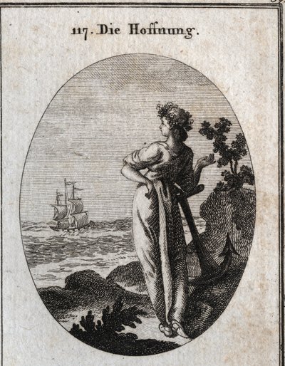 A alegoria da esperança repousa sobre uma âncora e a observação de um navio no horizonte. Gravação em "Iconologie oder Ideen aus dem Gebiet der Leidenschaften und Allegorien bildestellt fur Zeichner, Mahler, Dichter, Gelehrte, Erzieher und befunde Hoherer  de Austrian School