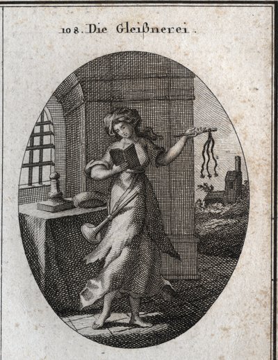 Alegoria de hipocrisia segurando um livro de orações e disciplina (rápido, chicote). A trombeta que ela tem nas marcas dos ombros que ela publica com ênfase as suas boas obras. Gravação em "Iconologie oder Ideen aus dem Gebiete der Leidenschaften und Alleg de Austrian School
