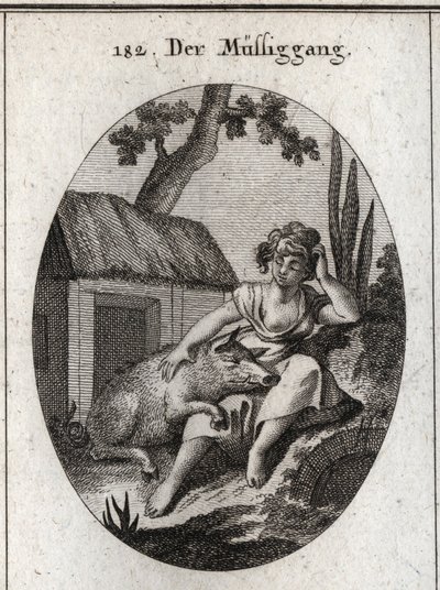 Alegoria de ociosidade representada por uma mulher meio adormecida que arranha a cabeça com uma mão e descansa com a outra sobre um porco dormindo de joelhos. Gravura em "Iconologie oder Ideen aus dem Gebiete der Leidenschaften und Allegorien bildich darge de Austrian School