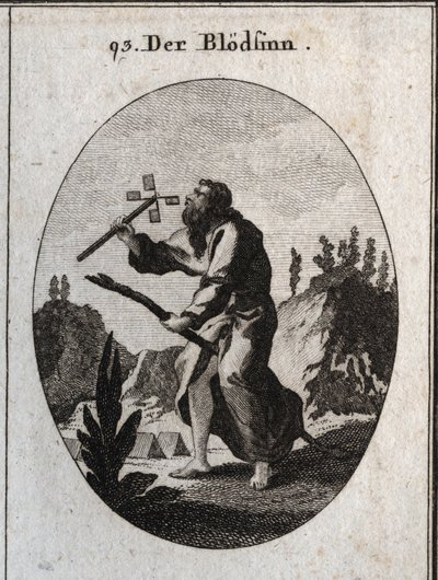 Alegoria de imbecilita ou demência representada por um homem velho sobre um caniço, atributo de fragilidade e velhice. Ele está segurando um moinho de cartas que ele sopra para girar. Gravura em "Iconologie oder Ideen aus dem Gebiete der Leidenschaften und de Austrian School