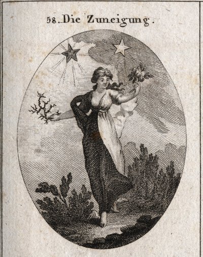 Alegoria de inclinação. Ela segura um buquê de rosas e um buquê de espinhos e parece indecisa na sua escolha. Atrás dela está uma estrela brilhante e benéfica (a de Júpiter) e uma estrela escura e nociva (a de Saturno). Gravura em "Iconologie oder Ideen de Austrian School