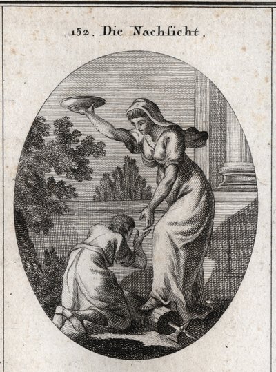 Alegoria da indulgência. Ela tropeçou debaixo dos seus pés os fardos e o machado que os lictores levavam entre os romanos. Ela segura um casaco erguido e apresenta a mão a um escravo prostra os seus pés. Gravura em "Iconologie oder Ideen aus dem Gebiete de de Austrian School