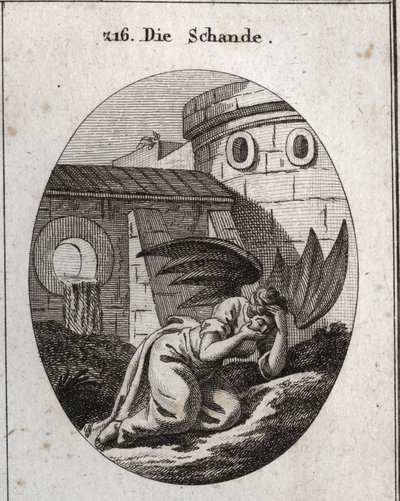 Alegoria de infâmia cobrindo o rosto com as mãos e seus atributos são duas grandes asas pretas de morcego (morcego). Gravura em "Iconologie oder Ideen aus dem Gebiet der Leidenschaften und Allegorien bildestellt fur Zeichner, Mahler, Dichter, Gelehrte", de Austrian School