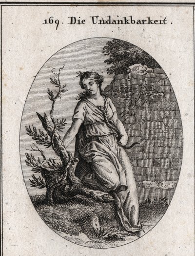 Alegoria da ingratidão. Uma mulher que aquece uma cobra no seu peito é mordida. O ramo de hera é o símbolo da ingratidão, pois destrói a si mesmo, o que serve de apoio para se erguer. Gravura em "Iconologie oder Ideen aus dem Gebiete der Leidenschaften und de Austrian School