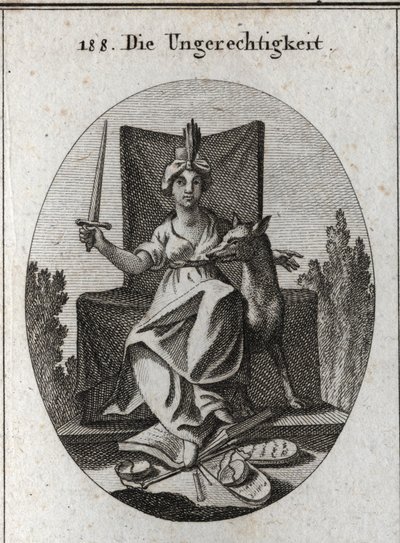 Alegoria de injustiça. Ela segura uma espada que se levanta e coroa a seus pés as mesas das leis divinas e o livro das vozes humanas e as escalas de justiça que se quebram. O lobo é o símbolo da crueldade do rapina e da ganância. Gravura em "Iconolo de Austrian School