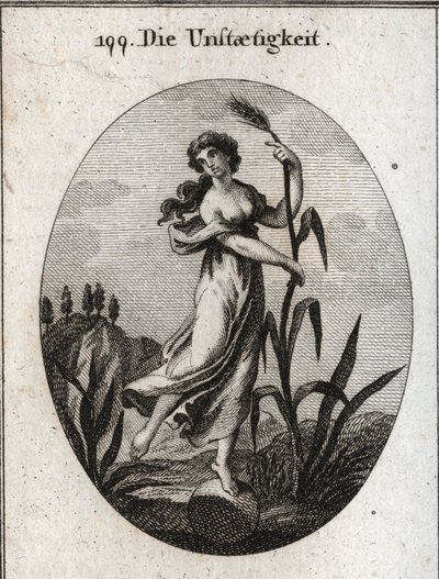 Alegoria de instabilidade agitada pelo vento. Ela inclina-se com ambas as mãos sobre uma frágil palheta e é colocada apenas com um pé sobre uma bola. Gravação em "Iconologie oder Ideen aus dem Gebiete der Leidenschaften und Allegorien bildestellt dargestel de Austrian School