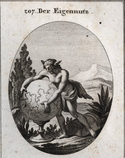Alegoria de interesse com pele de lobo. Ele está a apertar um globo. Este emblema significa que a ganância é a própria das pessoas interessadas. Gravura em "Iconologie oder Ideen aus dem Gebiete der Leidenschaften und Allegorien bildestellt fur Zeichner, M de Austrian School