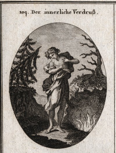 Alegoria de tristeza interna representada pela tristeza do rosto e pela desordem de ajuste. Seu peito parece estar comendo por várias serpentes. Gravação em "Iconologie oder Ideen aus dem Gebiete der Leidenschaften und Allegorien bildich dargestell de Austrian School