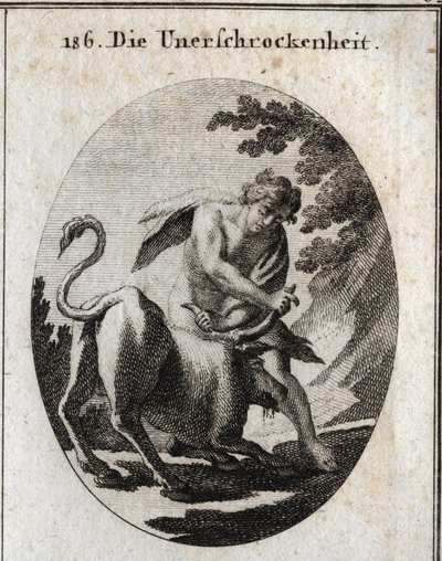 Alegoria do intrepidito representado por um jovem vigoroso que detém um touro furioso segurando-o pelos chifres. Gravura em "Iconologie oder Ideen aus dem Gebiete der Leidenschaften und Allegorien bildestellt fur Zeichner, Mahler, Dichter, Gele de Austrian School