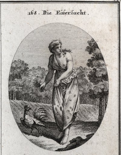 Alegoria de ciúmes esticando a orelha de um lado e vendo o que acontece do outro. O seu vestido está salpicado de olhos e ouvidos e o bouquet de espinhos que ela sustenta que o seu tormento é voluntário. O galo, invejoso e vigilante, é seu símbolo. Engravi de Austrian School