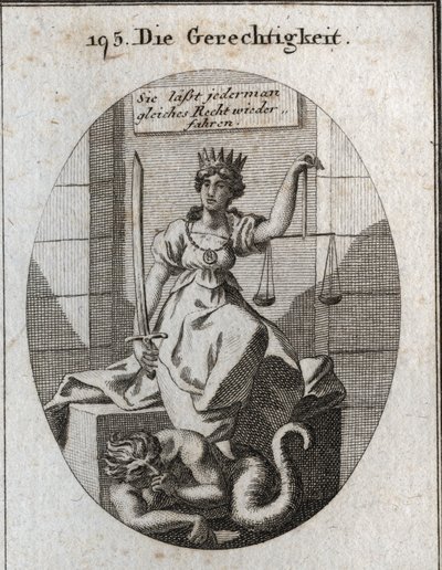 Alegoria de justiça. Os seus atributos são equilíbrio e espada. Ela senta-se num tribunal e empresta-lhe uma coroa dourada na cabeça. Sob os seus pés, a fraude preocupada em ser descoberta, roeu-lhe os punhos. Gravura em "Iconologie oder Ideen aus dem Gebi de Austrian School
