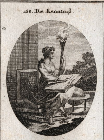 Alegoria do conhecimento baseada em vários volumes de autores com um livro aberto de joelhos. A tocha é alusiva à luz que ela difunde nas almas. Gravura em "Iconologie oder Ideen aus dem Gebiete der Leidenschaften und Allegorien bildich dargestellt de Austrian School