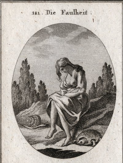 Alegoria de preguiça. Ela está de braços cruzados. O seu atributo é uma tartaruga e uma lesma. Gravura em "Iconologia ou Idéias do Campo das Paixões e Alegorias ilustradas para desenhistas, pintores, poetas, estudiosos, educadores e amigos". de Austrian School