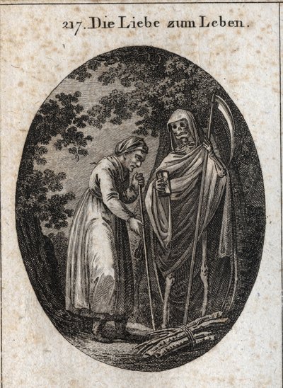 Alegoria de amor pela vida. Uma mulher velha chama a morte para a ajudar a colocar os seus beliches de madeira na cabeça. Gravura em "Iconologia ou ideias do campo das paixões e alegorias ilustradas para desenhistas, pintores, poetas, estudiosos, educadore de Austrian School