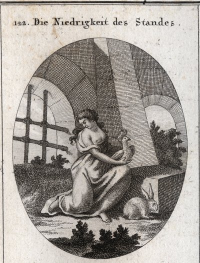 Alegoria da baixeza (ou abjecção). Seus atributos são a argola que se alimenta de excrementos e o coelho que é um animal tímido. Gravura em "Iconologie oder Ideen aus dem Gebiete der Leidenschaften und Allegorien bildestellt dargestellt fur Zeichner, Mahle de Austrian School