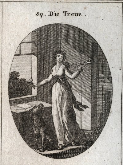 Alegoria de lealdade cujos símbolos são a chave, o selo e o cão. Gravura em "Iconologia ou idéias do campo das paixões e alegorias ilustradas para desenhistas, pintores, poetas, estudiosos, educadores e amigos de alto gosto de Austrian School