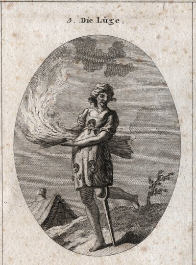 A alegoria da mentira representa feio, cabelo ruim e roupas ruins. A sua roupa está cheia de línguas e máscaras. A palha ardente ilustra a falta de subsistência de suas palavras e a perna de pau, a pequena solidite. Gravura em "Iconologie oder Ideen au de Austrian School