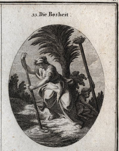 Alegoria de malignidade. Ela está a segurar num pau que está a perturbar a água do lago. O macaco, o seu atributo deracina uma estaca para derrubar o ninho do pássaro que está no topo. Gravura em "Iconologie oder Ideen aus dem Gebiete der Leidenschafte". de Austrian School
