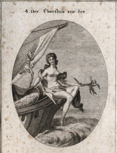 Alegoria da abundância marítima representada por Ceres sentado na proa de um navio. Ela segura um ramo de cânhamo, um ramo de joelho sobre o qual estão presos casulos de bicho-da-seda. Apoia-se em grãos que ficam pendurados no barco. Gravura em "Iconologie de Austrian School