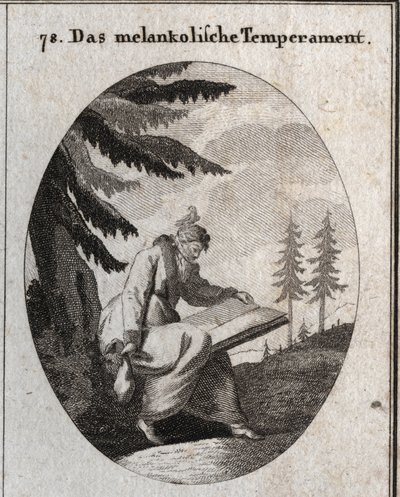 Alegoria de tez melancólica. Ele segura um livro e uma bolsa e sua boca está fechada com uma venda. Um pássaro senta-se na sua cabeça. Gravura em "Iconologie oder Ideen aus dem Gebiete der Leidenschaften und Allegorien bildestellt dargestellt fur Zeichner, de Austrian School