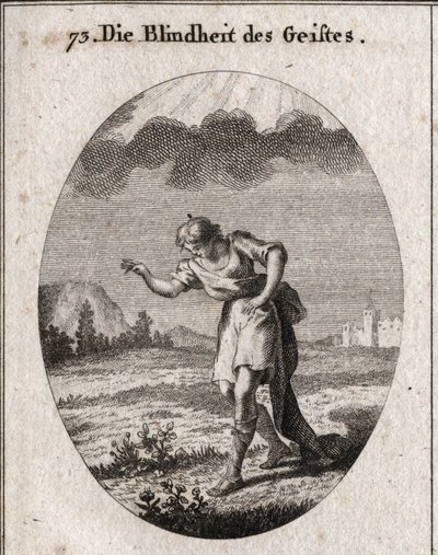 Alegoria de cegueira mental. Um jovem olha as flores de um prado aludindo às delícias da terra que reabastecem a alma e a ocupam sem nenhum lucro. Uma nuvem impede a luz de lhe dar um murro na mente. Gravura em "Iconologie oder Ideen a de Austrian School