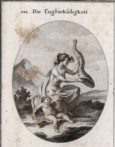 A alegoria do infortúnio representava uma mísera e extensa. Seus atributos são um chifre de abundância que ela sacode e está vazio, e uma criança que perece de fome. Gravura em "Iconologie oder Ideen aus dem Gebiete der Leidenschaften und Allegorien bi de Austrian School