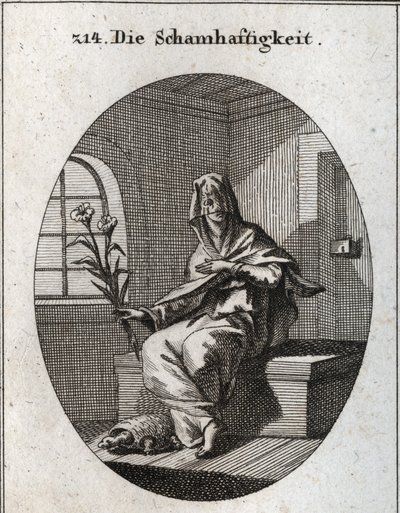 Alegoria de modéstia. O seu símbolo é um ramo de lírios e uma tartaruga que significa que as mulheres modestas devem ser removidas de suas casas. O seu rosto está coberto por um véu. Gravura em "Iconologie oder Ideen aus dem Gebiete der Leidenschaften und  de Austrian School