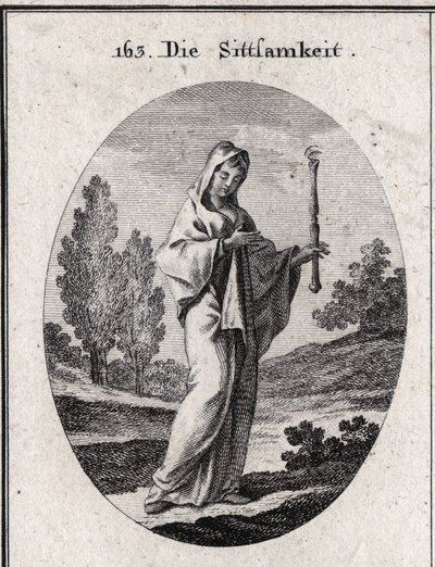 Alegoria de modéstia. Ela segura um cetro acima do qual está um olho que significa que a modéstia deve ser clarividente sobre si mesma. Gravura em "Iconologie oder Ideen aus dem Gebiete der Leidenschaften und Allegorien bildestellt fur Zeichner, Mahler, Di de Austrian School