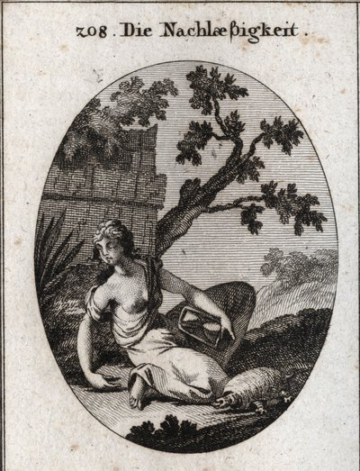 Alegoria de negligência. Ela segura um relógio com uma areia virada (ampulheta). A tartaruga é o emblema da lentidão. Gravura em "Iconologie oder Ideen aus dem Gebiet der Leidenschaften und Allegorien bildestellt fur Zeichner, Mahler, Dichter", de Austrian School