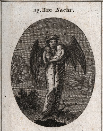 Alegoria da noite representada com asas de morcego (morcego). Ela segura duas crianças dormindo, uma branca e outra preta (sonho e pesadelo). Gravura em "Iconologie oder Ideen aus dem Gebiete der Leidenschaften und Allegorien bildestellt dargestellt fur Ze de Austrian School