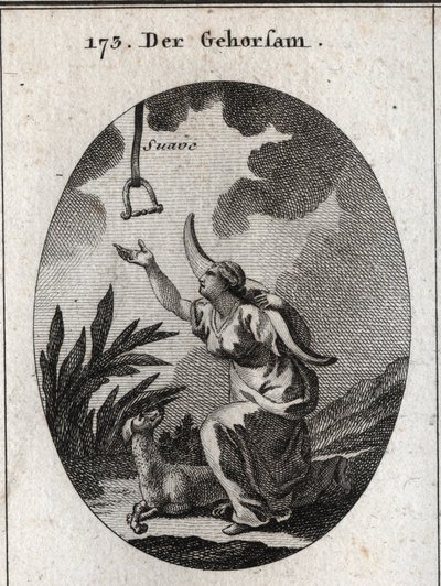 Alegoria de obediência. Ela segura um jugo nos ombros e avança para receber um freio que desce do céu aberto, no qual se lê a palavra "suave". O cão é o seu atributo. Gravura em "Iconologie oder Ideen aus dem Gebiete der Leidenschaf". de Austrian School