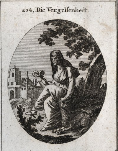 Alegoria do esquecimento. Ela tem uma planta de mandrágoras, um narcótico poderoso. O lince é o animal dedicado a Baco. Gravura em "Iconologie oder Ideen aus dem Gebiete der Leidenschaften und Allegorien bildestellt fur Zeichner, Mahler, Dichter, Gel de Austrian School
