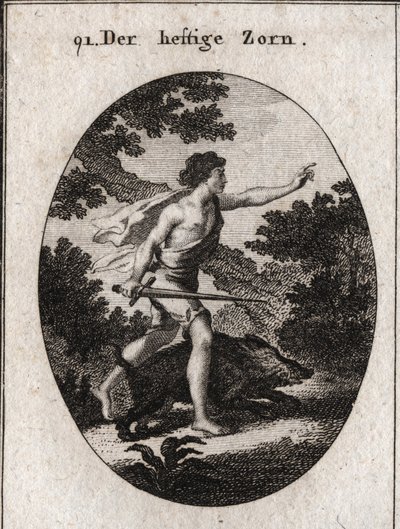 Alegoria de paixão ou impetuosidade representada por um adolescente com uma espada para marcar que ele segue a raiva. Seu atributo é um javali irritante, um animal que sempre luta sem levar em conta o perigo. Gravura em "Iconologie oder Ideen aus dem Geb de Austrian School