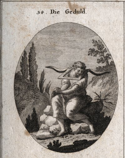 Alegoria da paciência sentada sobre pedregulhos, pés em espinhos, mãos unidas e jugo sobre os ombros. Gravação em "Iconologie oder Ideen aus dem Gebiet der Leidenschaften und Allegorien bildestellt fur Zeichner, Mahler, Dichter, Gelehrte, Erzieher u de Austrian School