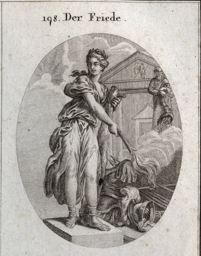Alegoria da paz. Ela usa uma grinalda de oliveiras e segura um taco enquanto queima com uma tocha um tufo de armas. Atrás dela, a estátua de Plutus significa que a abadia e a riqueza são seus benefícios. Gravura em "Iconologie oder Ideen aus dem Gebiete de Austrian School