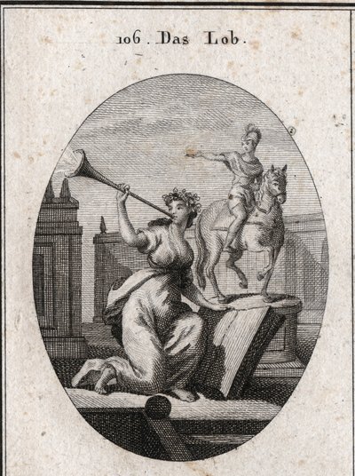 Alegoria de elogio segurando um livro para mostrar que ele passa a posteridade através da ajuda das escrituras. Soa uma trombeta da qual sai o brilho da renomeação. A estátua equestre está lá para o louvor dos heróis. Gravação em "Iconologie oder Ideen a de Austrian School