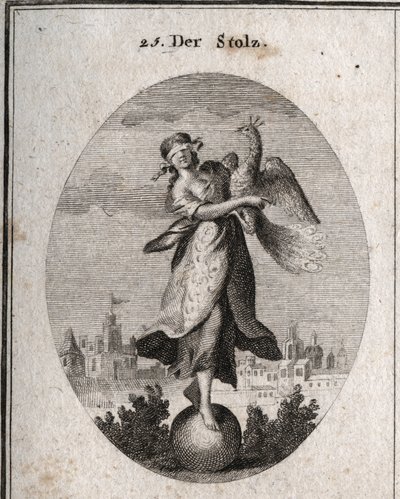 Alegoria de orgulho representada por uma jovem com uma venda colocada sobre um emblema de bola da sua pequena solidez. O pavão simboliza o espírito soberbo. A rica roupa cobre a sua pobre roupa para mostrar o ar livre. Gravura em "Iconologie oder Ideen a de Austrian School